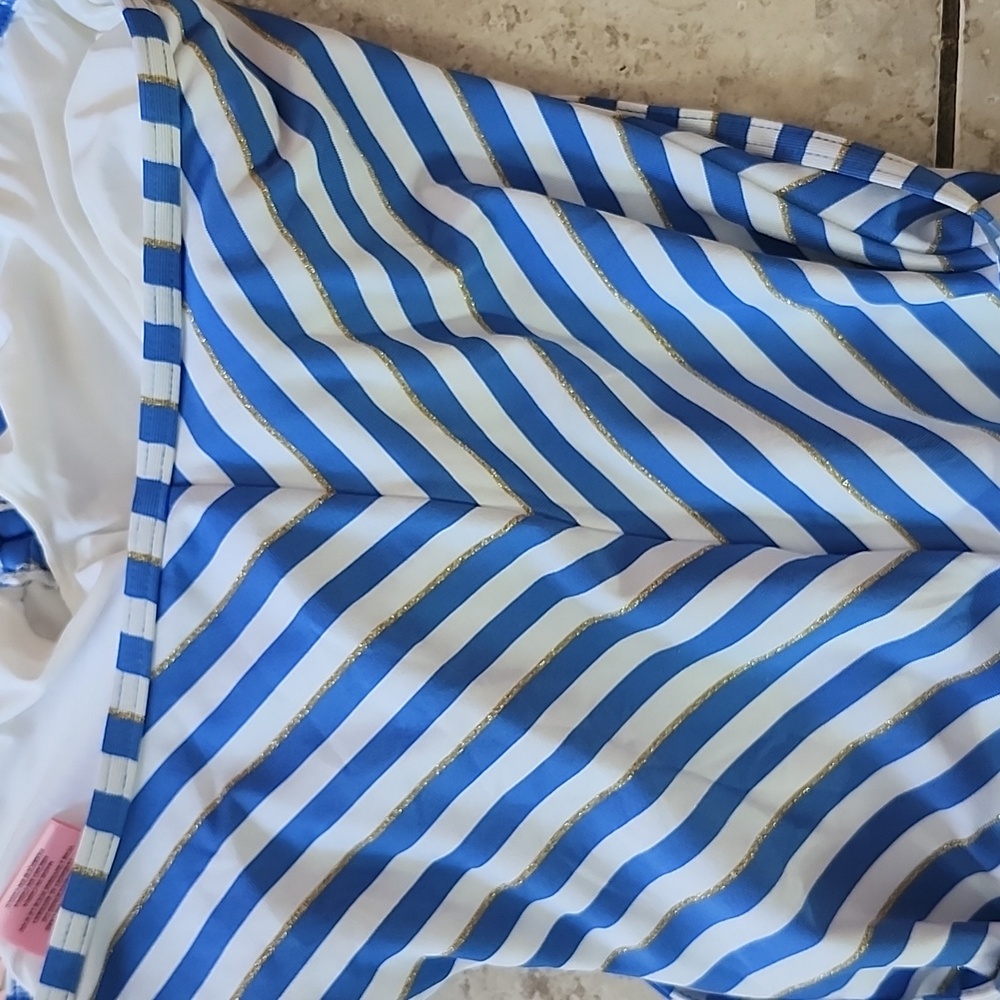 NWT Juicy Couture One Piece Blue & White Gold Tone Chain Halter Neck Swimsuit - Picture 13 of 16